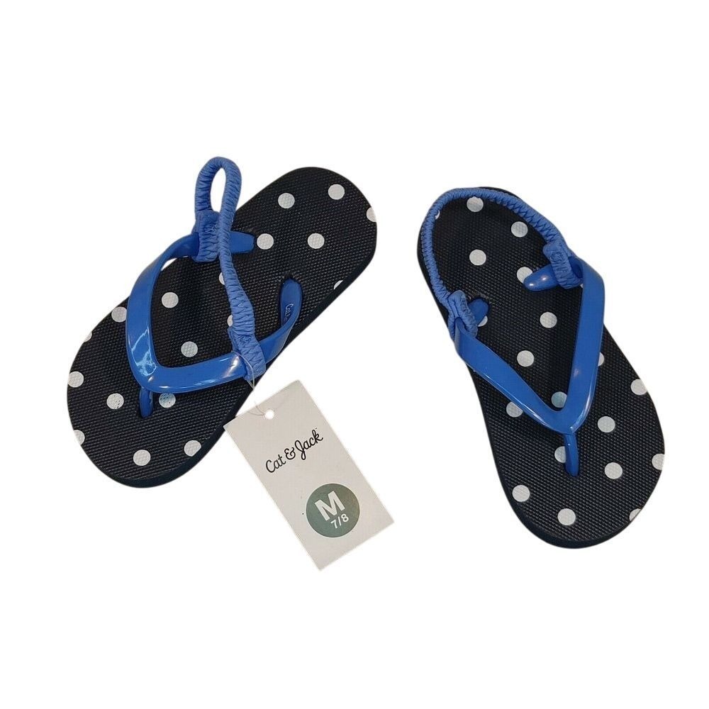 Cat & Jack Navy Polka Dot Flip Flops with Blue Straps Size M 7/8 New with Tags